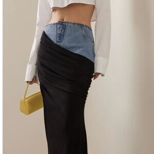 Stretch Patchwork Denim Ruched Maxi Skirt